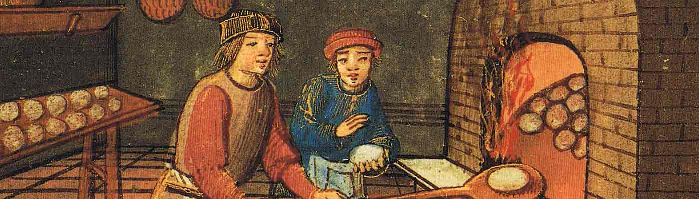 A medieval baker with his apprentice. The Bodleian Library, Oxford.