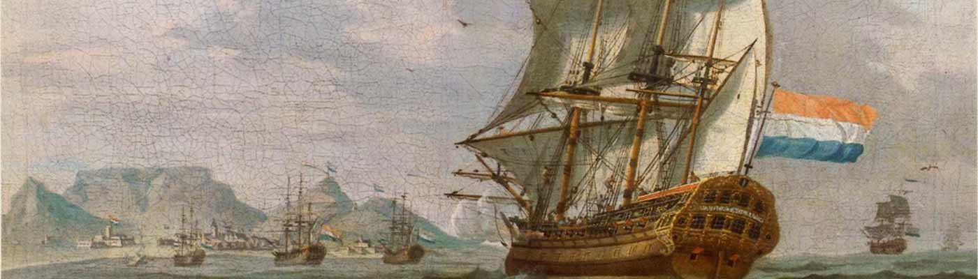 Dutch ships in Table Bay docking at the Cape Colony at the Cape of Good Hope, 1762.