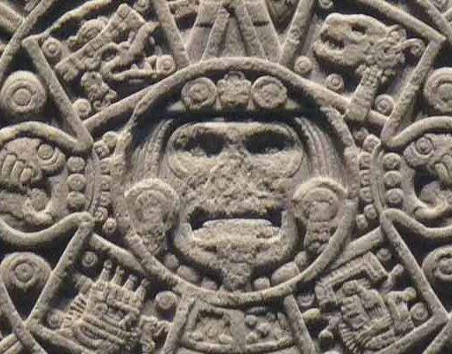 The Aztec Sun Stone, also called the Aztec Calendar Stone, on display at the National Museum of Anthropology, Mexico City.